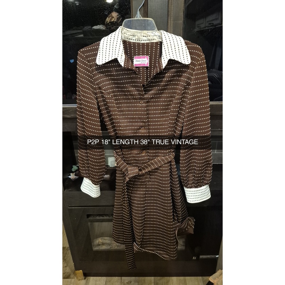 Vintage 70s Moody Street by Puritan Brown Dotted Mod Secretary Dress Belted - Picture 3 of 11